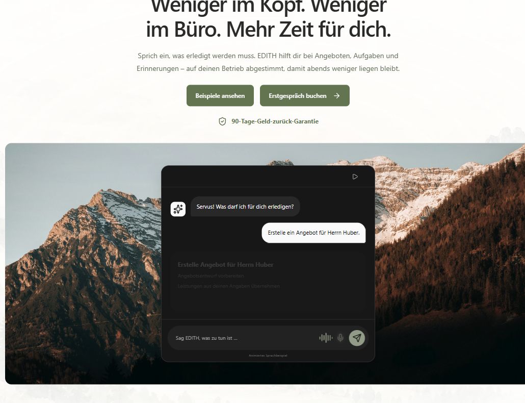 CoCaptain-Website mit EDITH-Anwendungsbeispielen für Angebote, E-Mails und Terminplanung